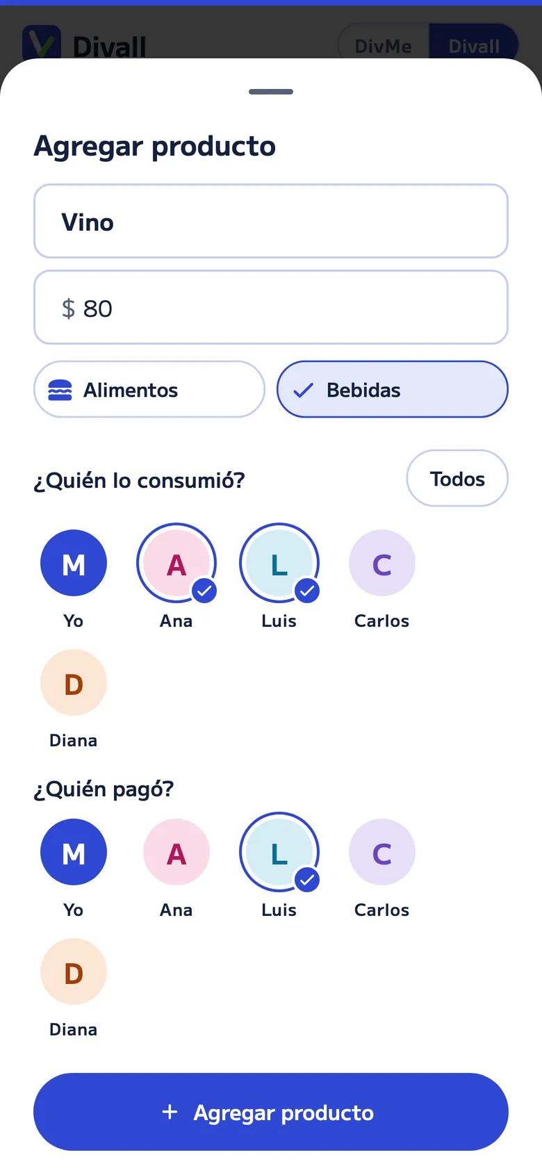Agregar producto en Divall: un vino de US$80 que consumieron Ana y Luis y que pagó Luis.
