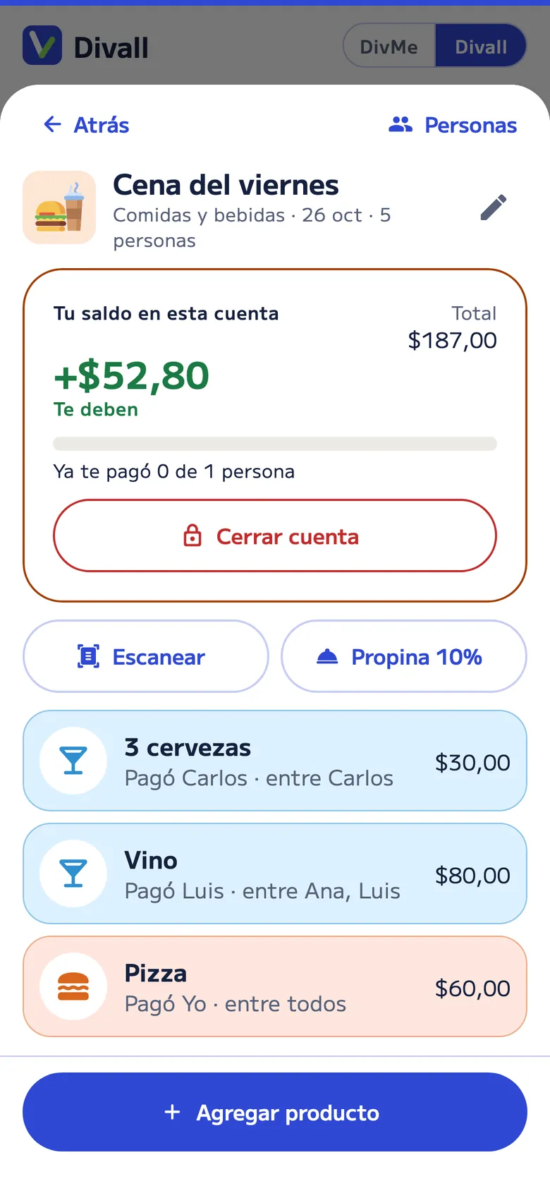 Cuenta de Comidas y bebidas “Cena del viernes” con 5 personas: pizza para todos, vino para Ana y Luis y 3 cervezas para Carlos, cada cosa con quién la pagó; te deben US$52,80 de US$187.