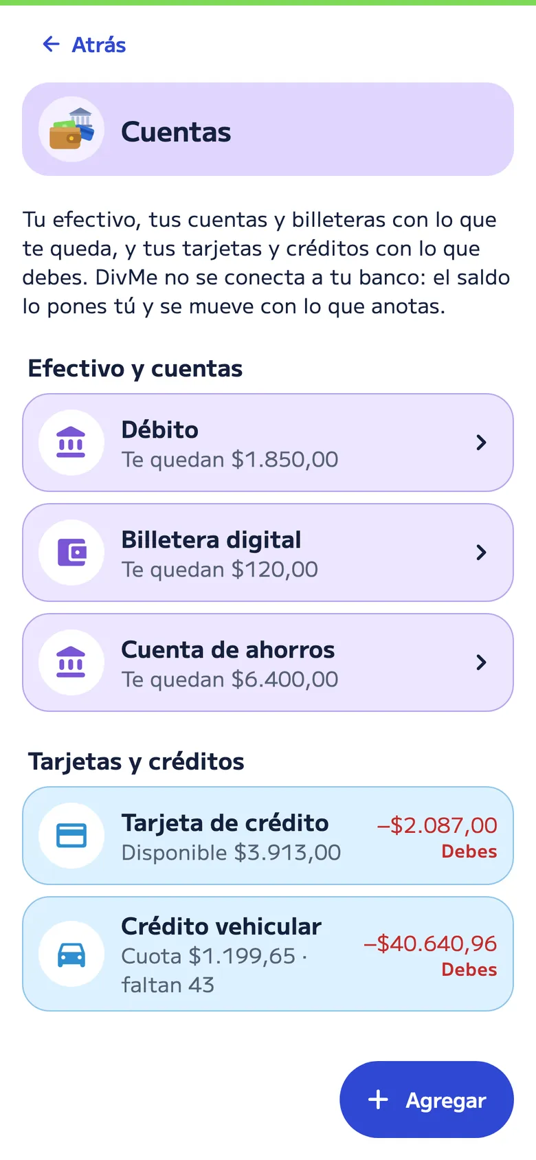 Cuentas en DivMe: débito, billetera digital y cuenta de ahorros con lo que te queda, y una tarjeta de crédito y un crédito vehicular con lo que debes.