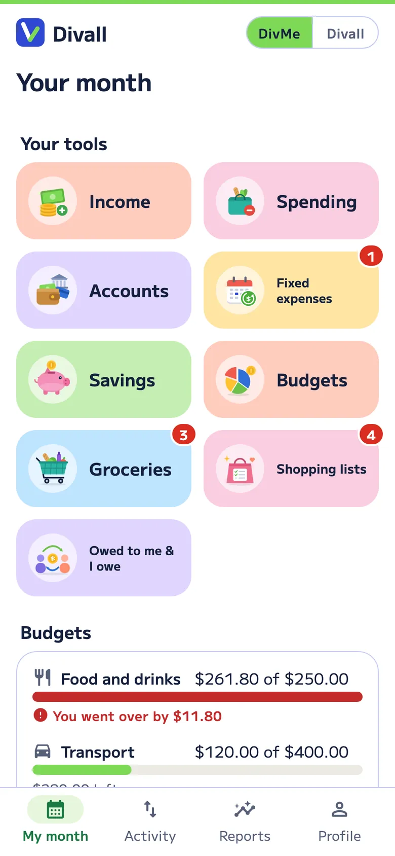 Your tools in DivMe: Income, Spending, Accounts, Fixed expenses, Savings, Budgets, Groceries, Shopping lists and Owed to me & I owe, with red numbers for the fixed expense coming due and what’s left to buy.