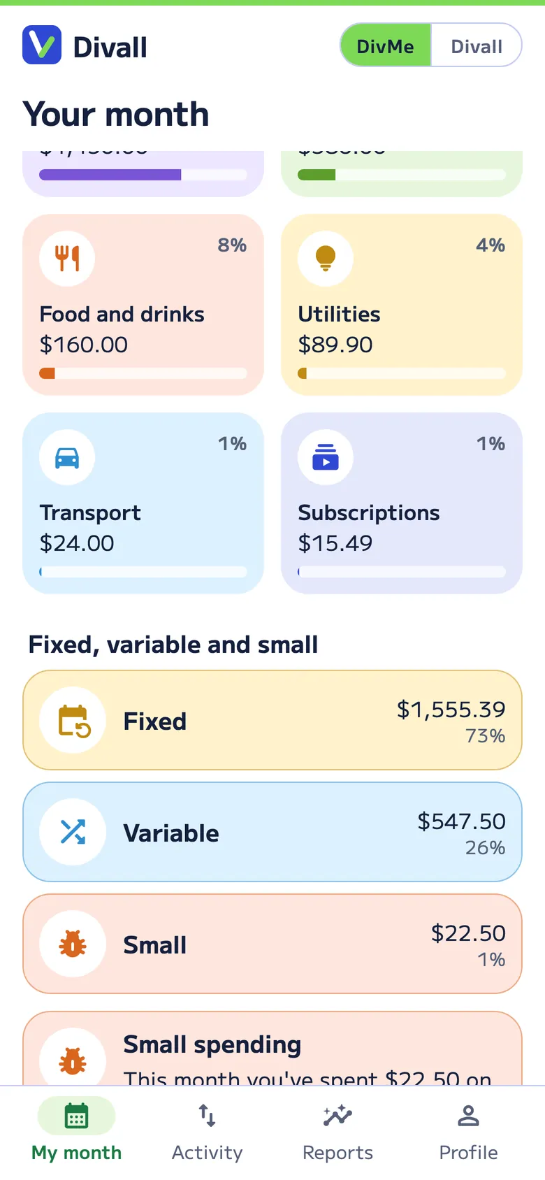 Your month in DivMe: spending by category, with its share, and how much goes to fixed, variable and small spending: $22.50 on small things this month.