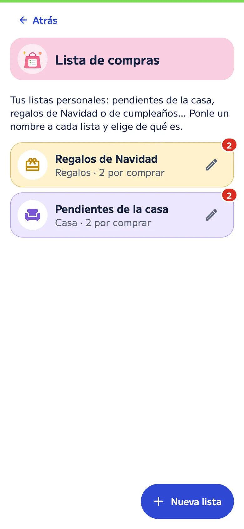 Lista de compras en DivMe: Regalos de Navidad y Pendientes de la casa, cada una con un número rojo de lo que falta por comprar.