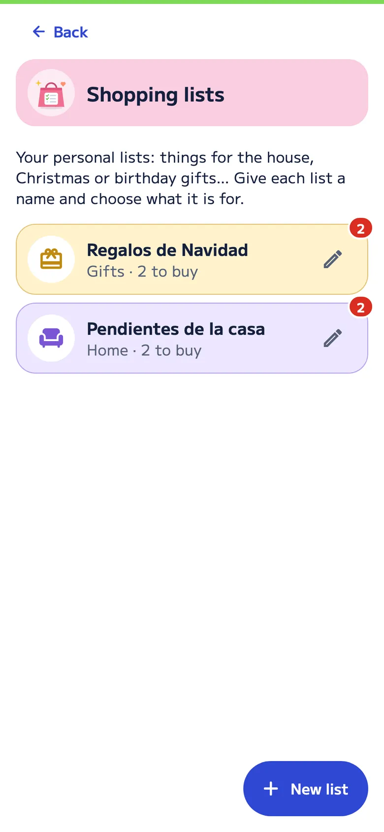 Shopping lists in DivMe: Christmas gifts and things for the house, each with a red number for what’s left to buy.