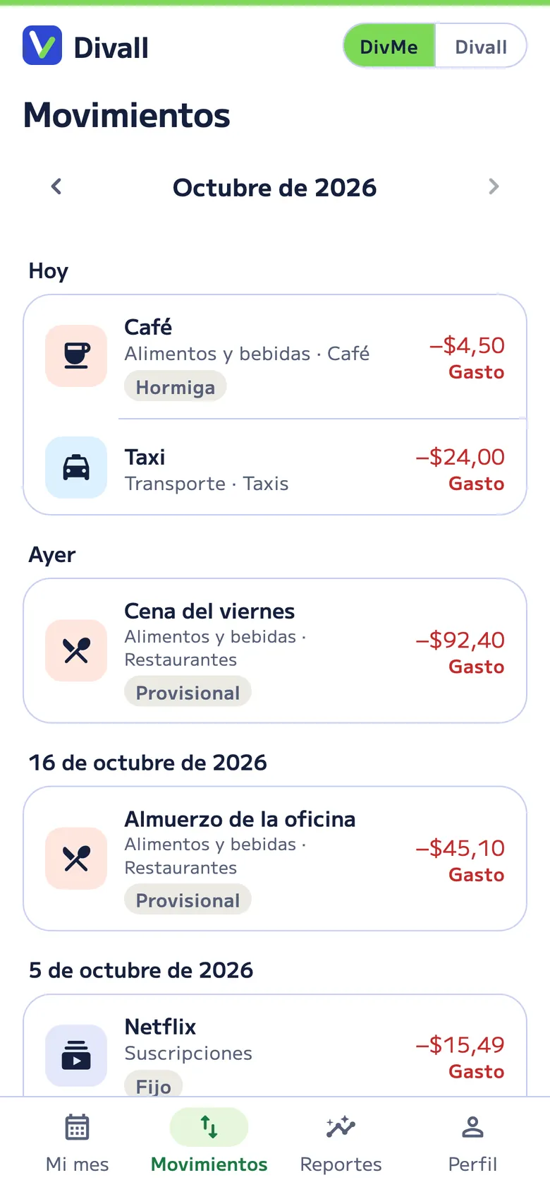 Movimientos de octubre en DivMe: un café marcado como hormiga, un taxi, la cena del viernes y el almuerzo de la oficina, que llegaron de Divall, y Netflix como gasto fijo.
