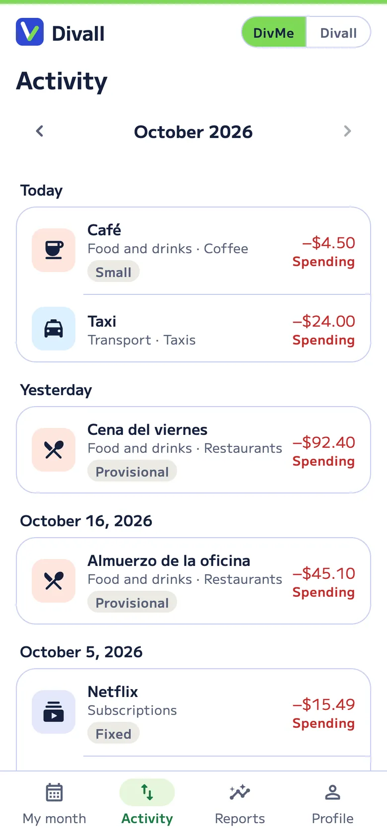 October activity in DivMe: a coffee tagged as small spending, a taxi, the “Cena del viernes” dinner and the office lunch that came in from Divall, and Netflix as a fixed expense.