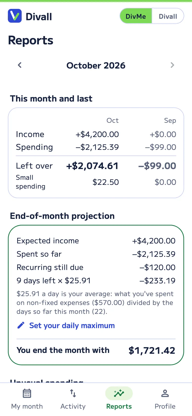 DivMe reports: this month vs. last month and the end-of-month projection, with the button to set your daily maximum.