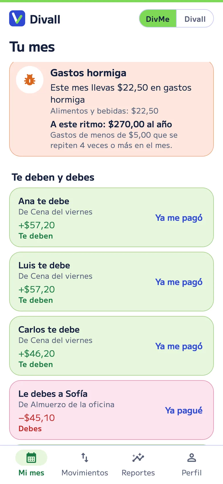 Te deben y debes en DivMe, debajo del aviso de gastos hormiga (US$22,50 este mes, que a este ritmo son US$270 al año): Ana, Luis y Carlos te deben de la cena del viernes, y tú le debes a Sofía, del almuerzo de la oficina, cada uno con su botón para marcarlo pagado.