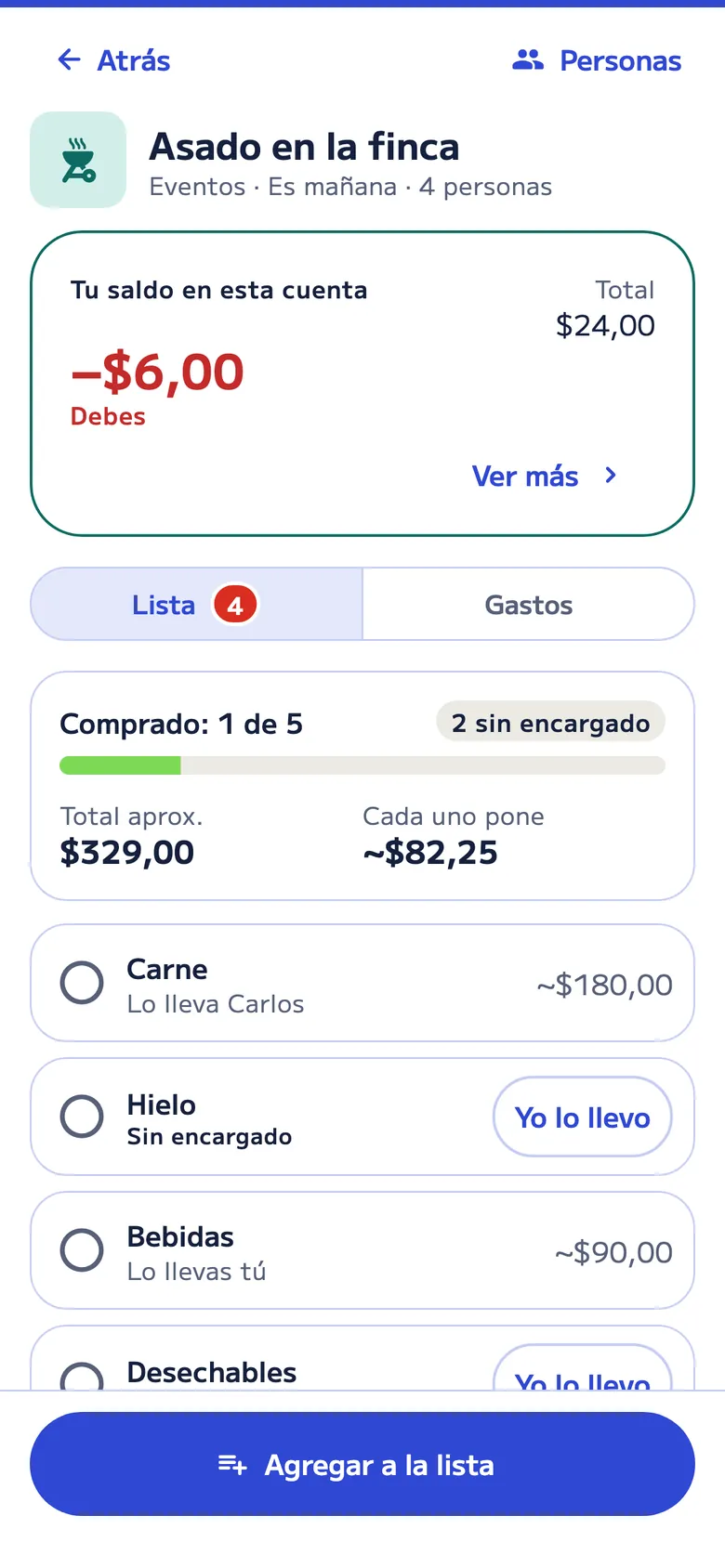 Cuenta de Eventos “Asado en la finca”, que es mañana: comprado 1 de 5, total aproximado US$329; la carne la lleva Carlos, las bebidas las llevas tú, y el hielo y los desechables siguen sin encargado. La pestaña Lista muestra en rojo las 4 cosas que faltan por comprar.