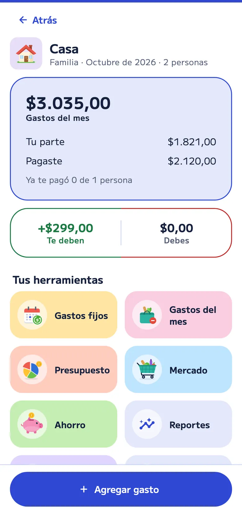 Cuenta de Familia “Casa” de octubre de 2026 con 2 personas: US$3.035 de gastos del mes, tu parte y lo que pagaste, lo que te deben y las herramientas de la casa: gastos fijos, gastos del mes, presupuesto, mercado, ahorro y reportes.