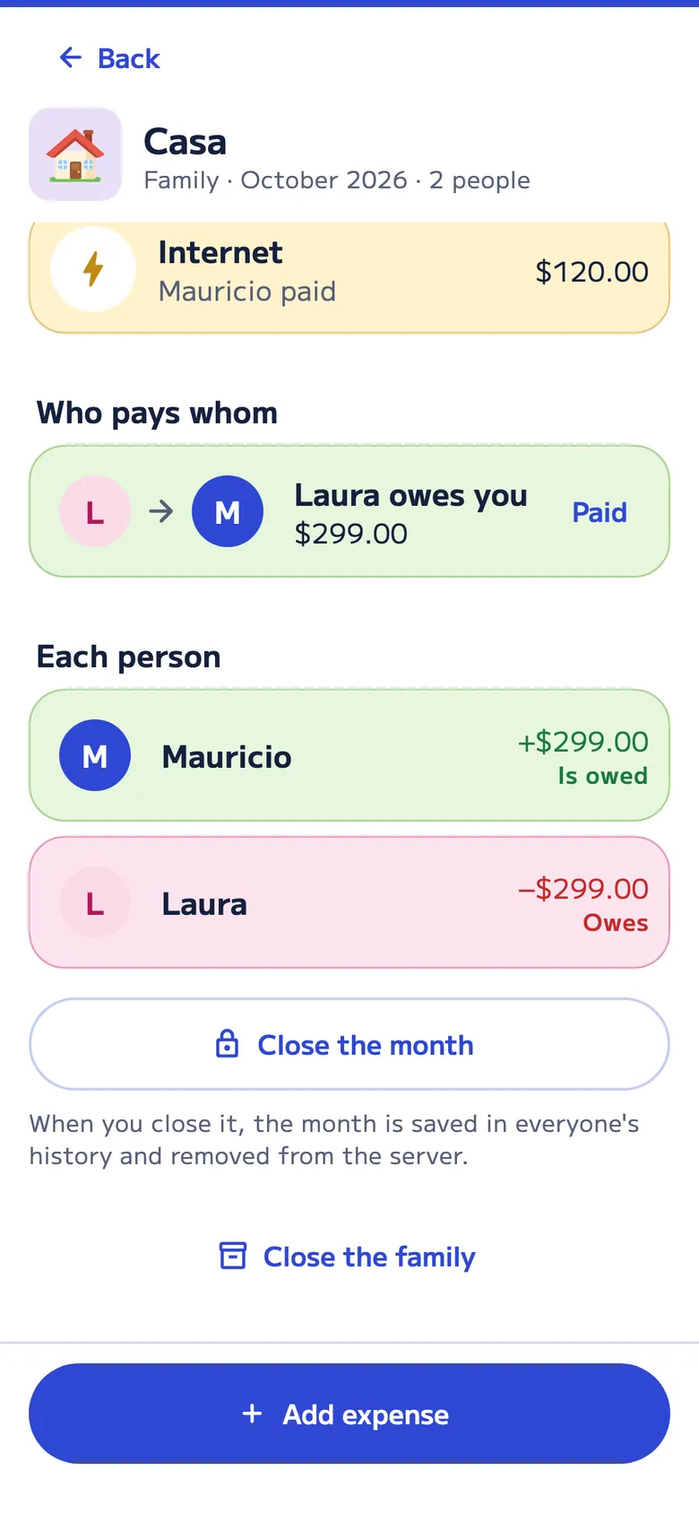 Household balances for October: Laura owes Mauricio $299.