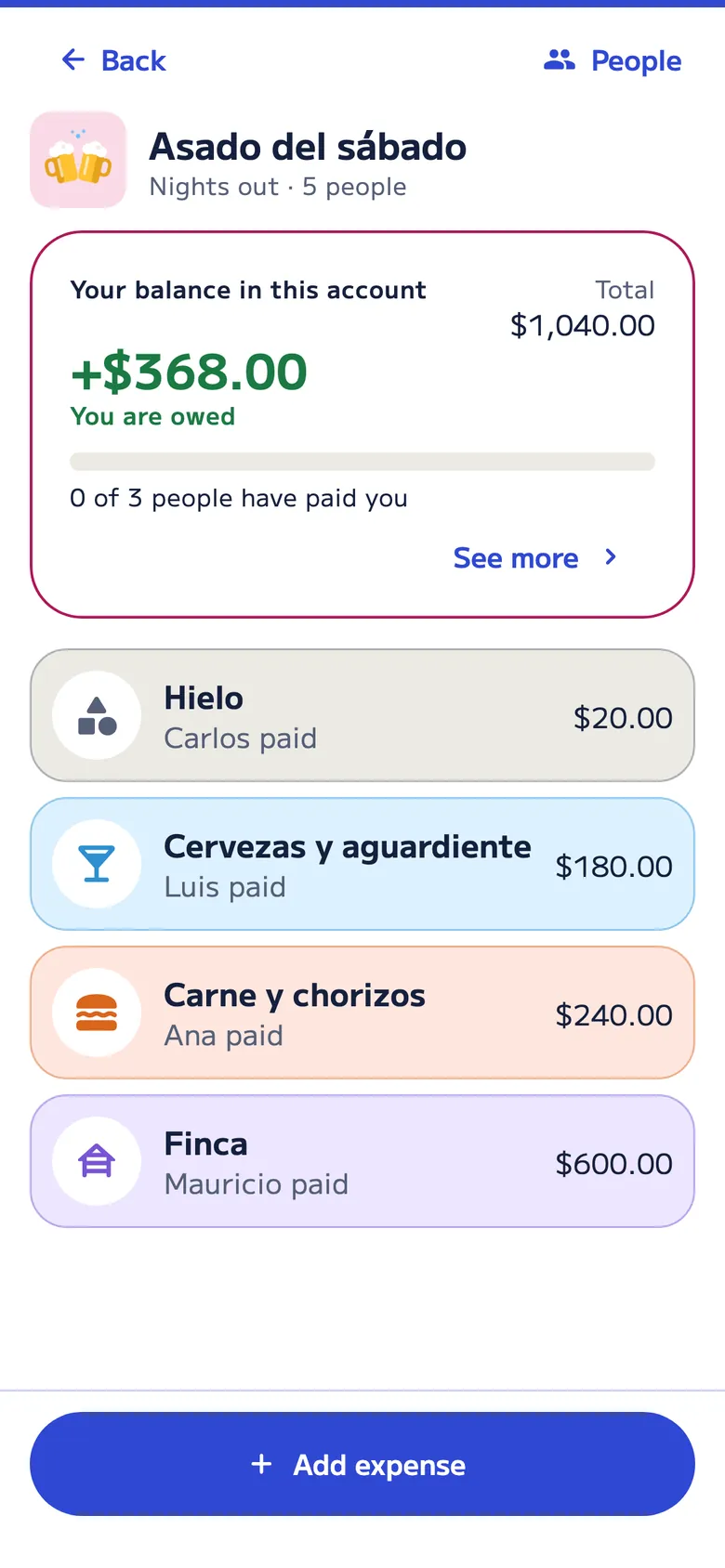 Nights out account “Asado del sábado” with 5 people: ice, beer and aguardiente, meat and chorizo, and the venue, each with who paid it.