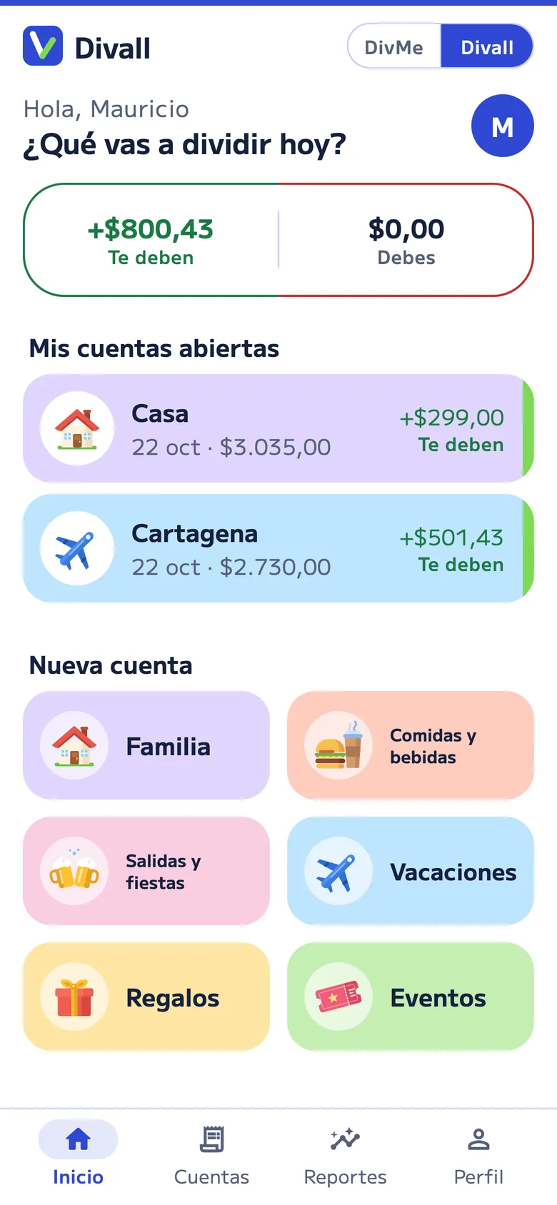 Inicio de Divall: lo que te deben y lo que debes, tus cuentas abiertas y botones para crear una cuenta de Familia, Comidas y bebidas, Salidas y fiestas, Vacaciones, Regalos o Eventos.