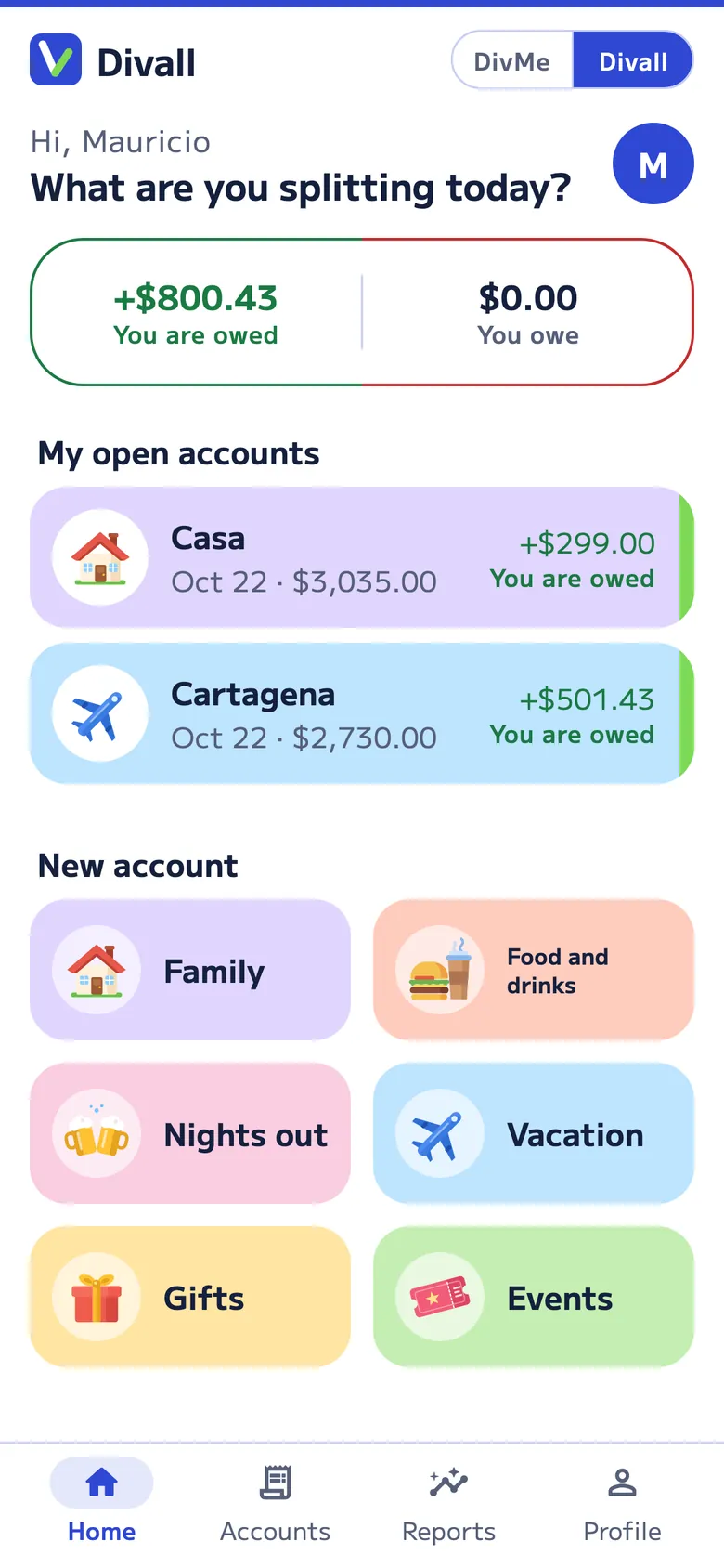 Divall home: what you're owed and what you owe, your open accounts, and buttons to start a Family, Food and drinks, Nights out, Vacation, Gifts or Events account.