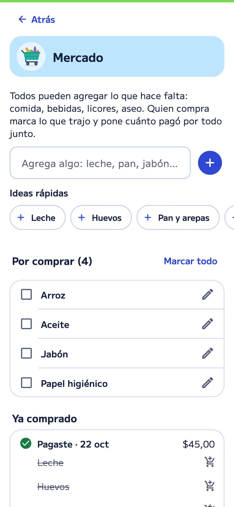 Mercado de la casa en Divall: arroz, aceite, jabón y papel higiénico por comprar, y una compra de US$45 con leche, huevos y pan.
