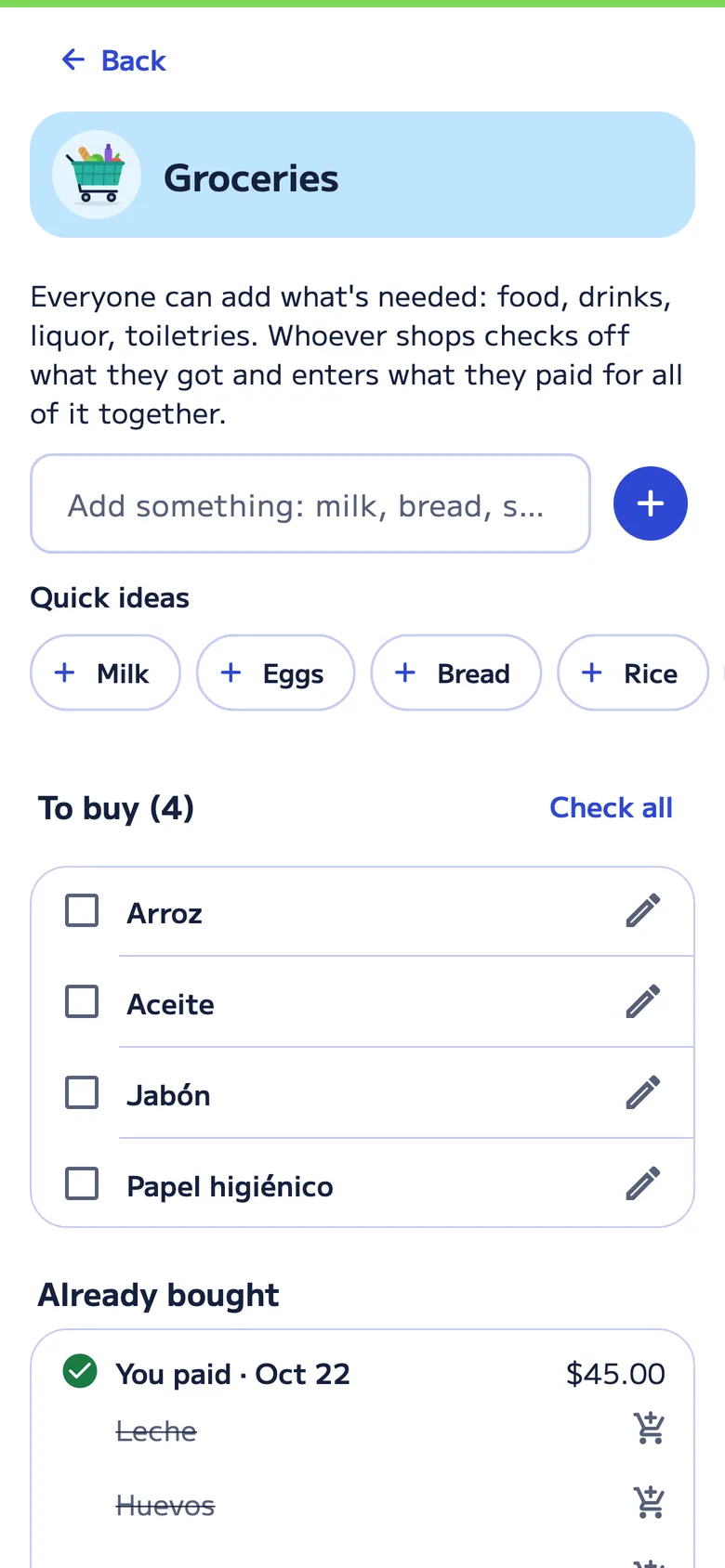 Household groceries in Divall: four things to buy (rice, oil, soap and toilet paper) and a $45 purchase with milk, eggs and bread.