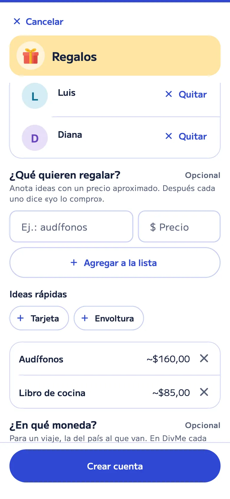Crear una cuenta de Regalos: quiénes ponen, la lista de ideas con unos audífonos de unos US$160 y un libro de cocina de unos US$85, y las ideas rápidas tarjeta y envoltura.