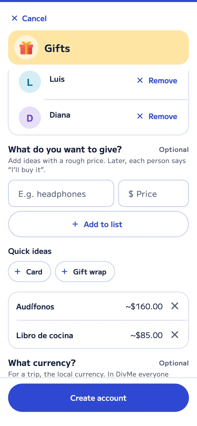 Creating a Gifts account: who’s chipping in, the list of ideas with headphones for about $160 and a cookbook for about $85, and the quick ideas Card and Gift wrap.