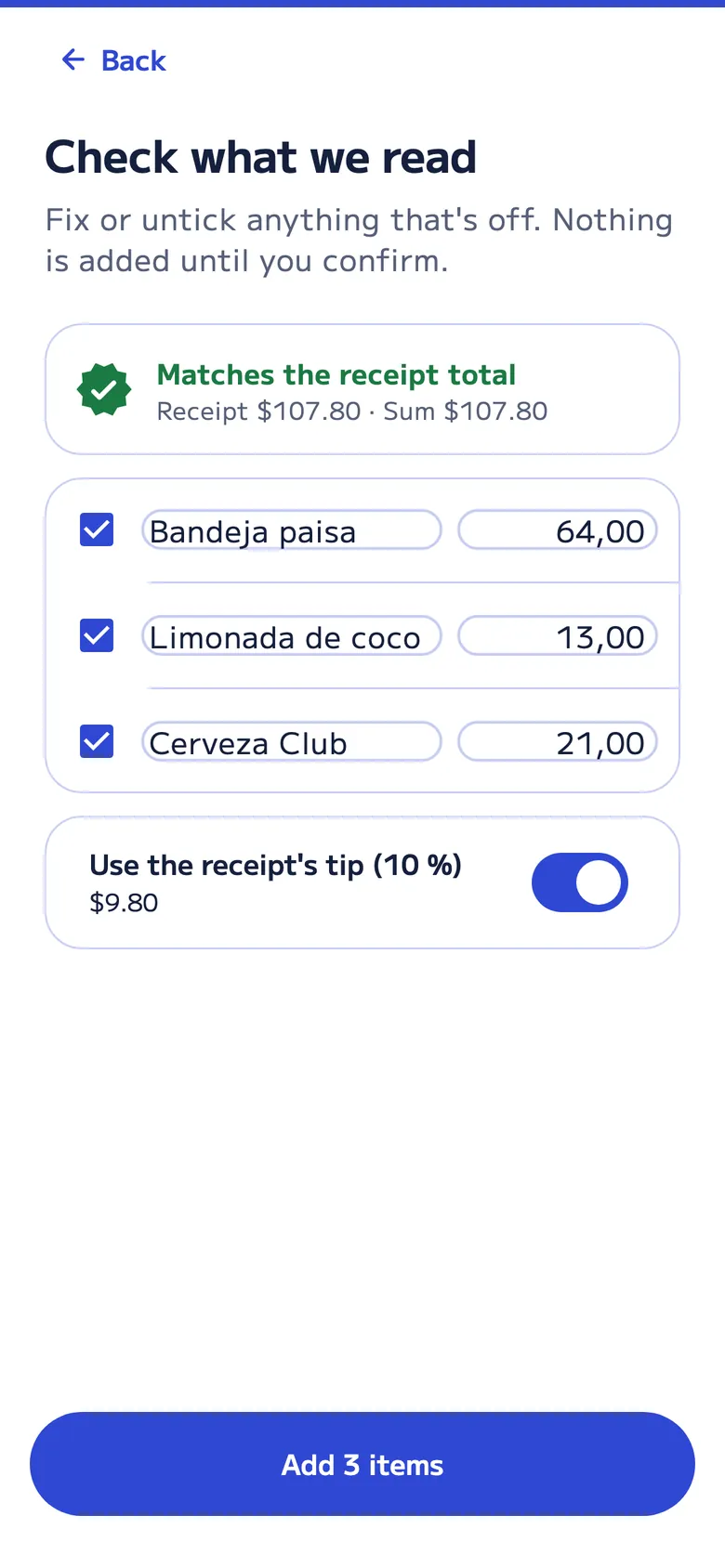 The “Review what we read” screen: three items from the receipt with their prices and a 10% tip.