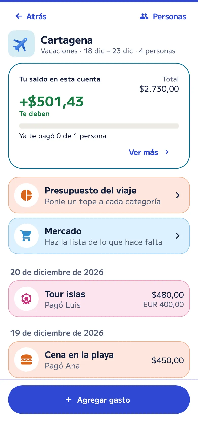Cuenta de Vacaciones “Cartagena” del 18 al 23 de diciembre con 4 personas: lo que te deben, el presupuesto y el mercado del viaje, y los gastos: un tour a las islas pagado en euros y una cena en la playa.