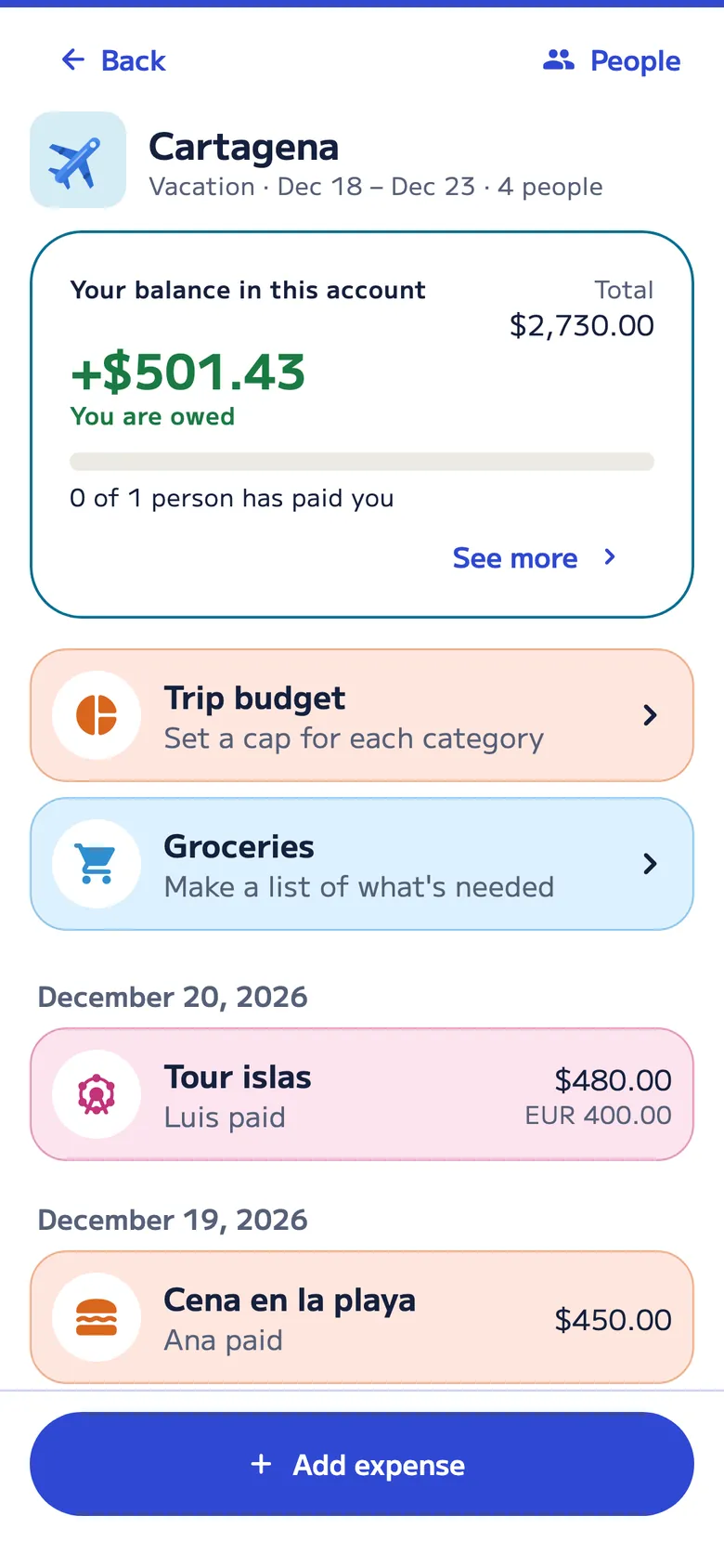 Vacation account “Cartagena” from Dec 18 to Dec 23 with 4 people: what you’re owed, the trip budget and groceries, and the costs: an island tour paid in euros and a dinner on the beach.