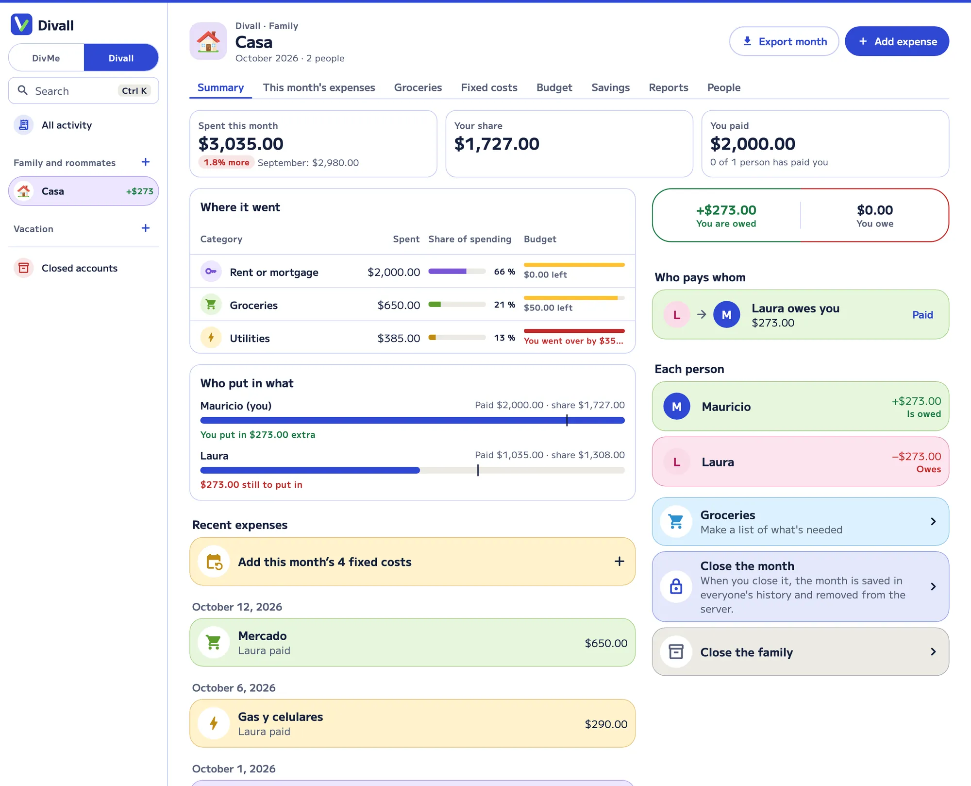 Divall in the browser: the Family account “Casa” with its tabs (summary, this month’s spending, groceries, fixed expenses, budget, savings, reports and people): $3,035 spent this month, where it went against the budget, who put in how much and who pays whom.