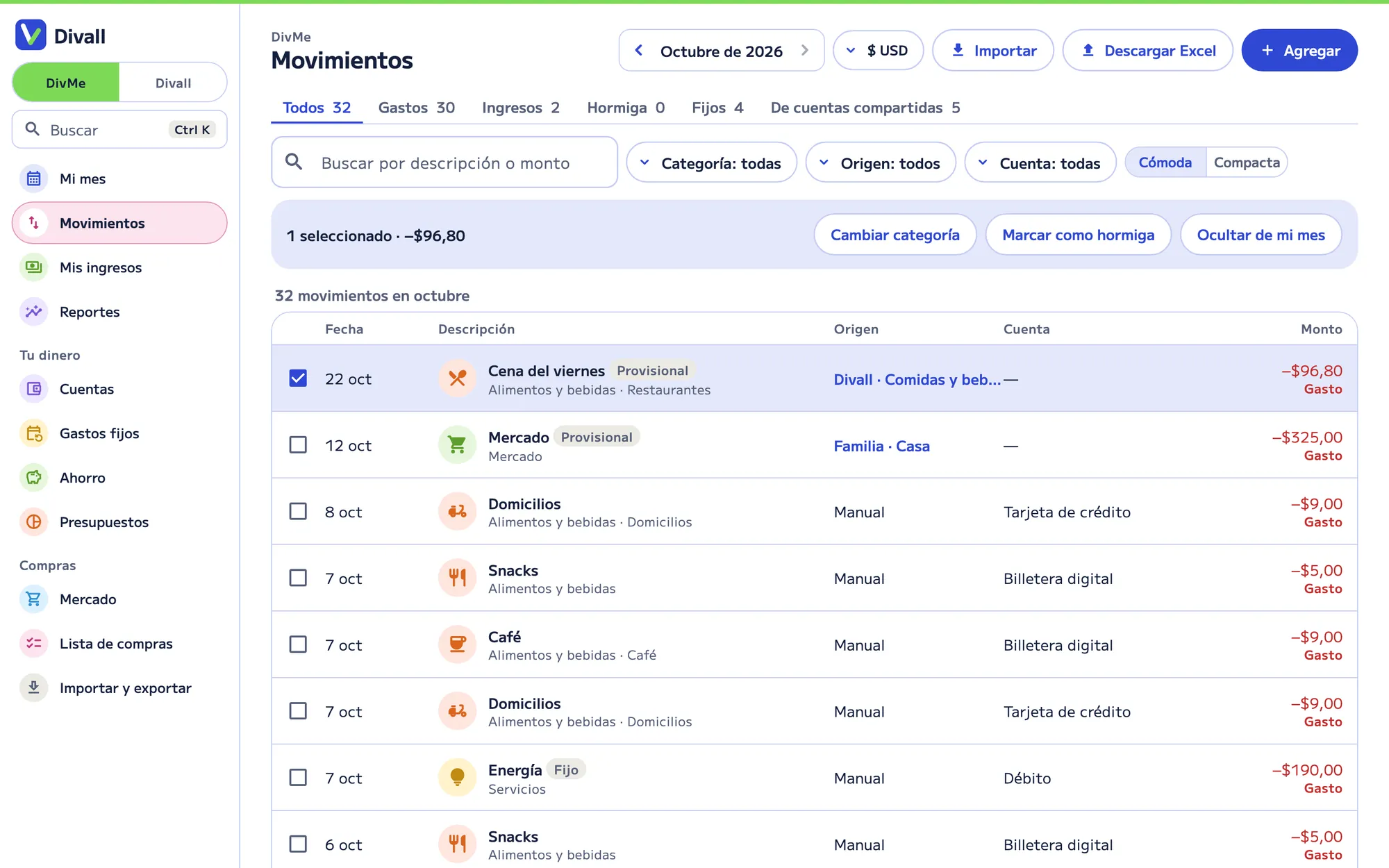 DivMe en el navegador: la tabla de movimientos de octubre con filtros, los botones Importar y Descargar Excel, y acciones para cambiar la categoría o marcar como hormiga.