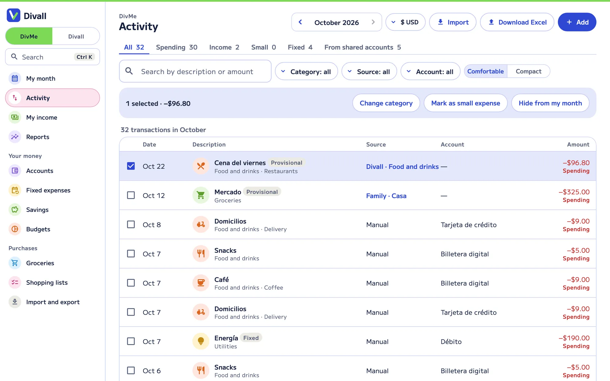 DivMe in the browser: October’s activity table with filters, the Import and Download Excel buttons, and actions to change the category or mark as small expense.